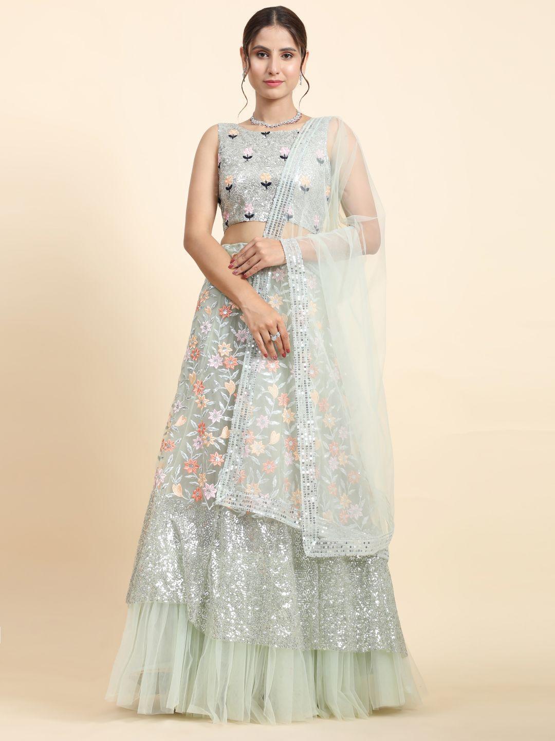 phenav grey & pink embellished sequinned semi-stitched lehenga & blouse with dupatta