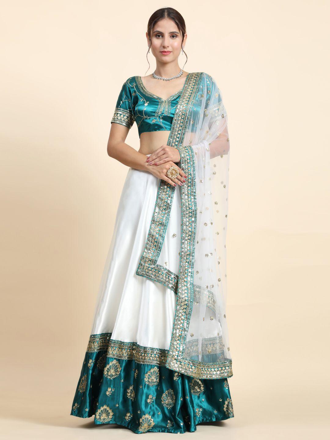 phenav white & green embellished sequinned semi-stitched lehenga & blouse with dupatta