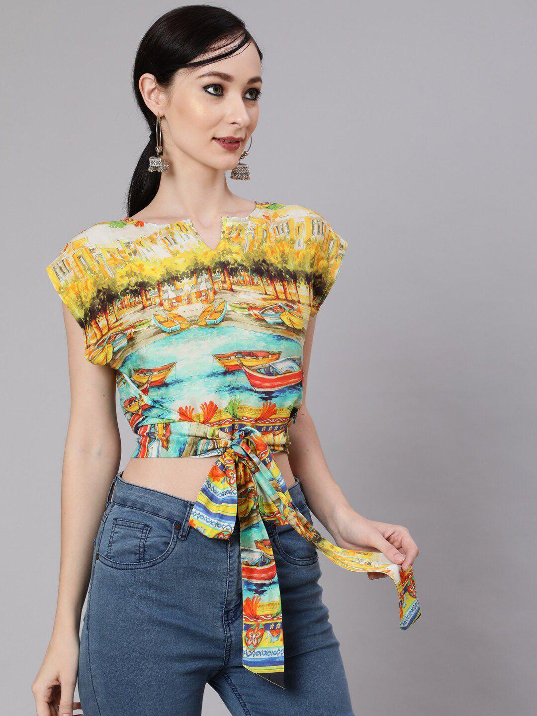 aks yellow & green print wrap crop top