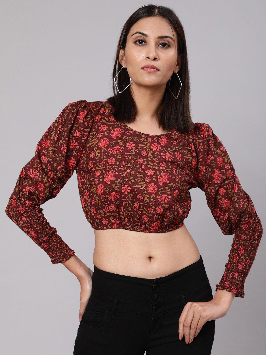 aks burgundy floral print cotton crop top