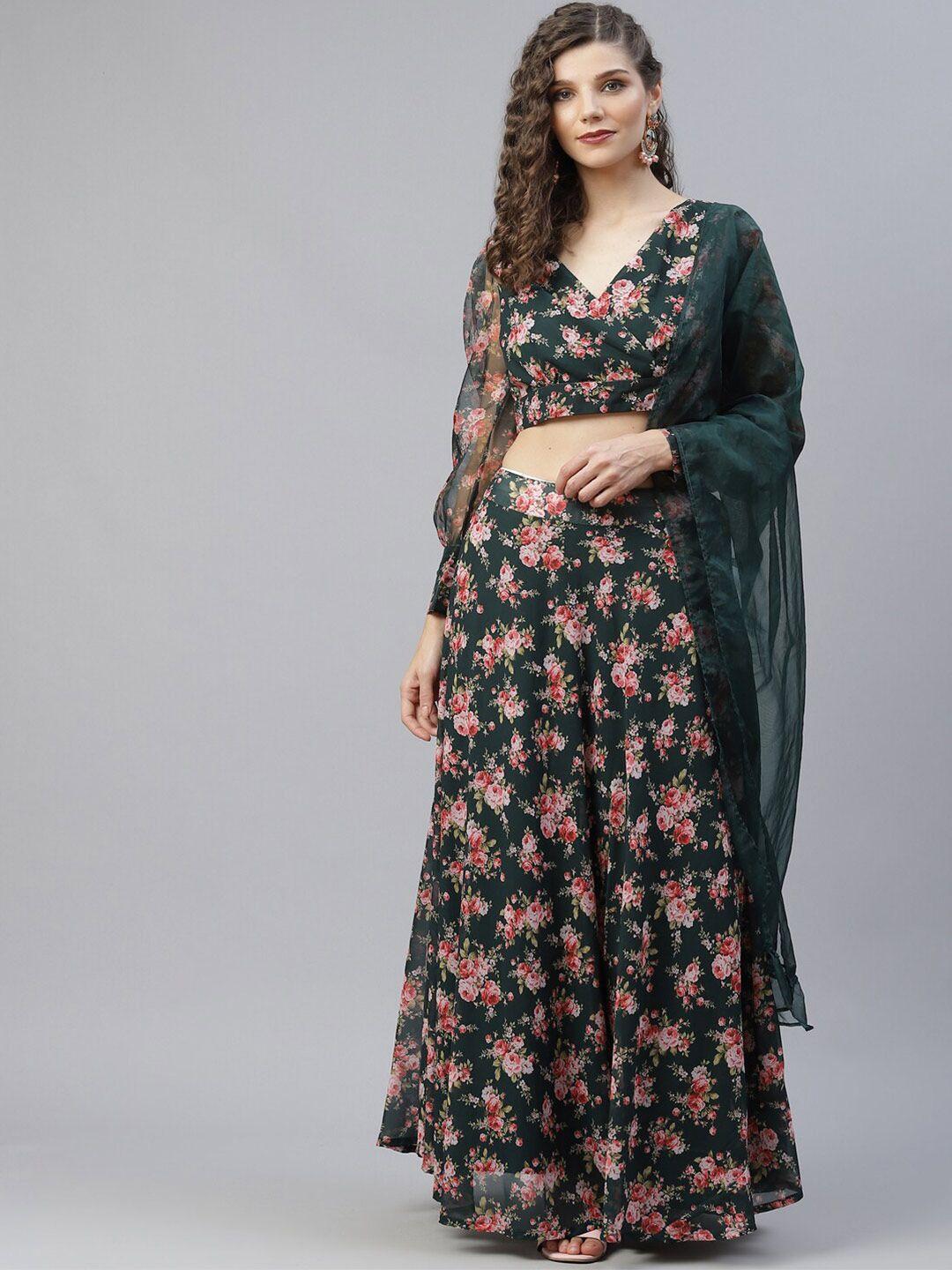 aks green & pink printed ready to wear lehenga & blouse with dupatta