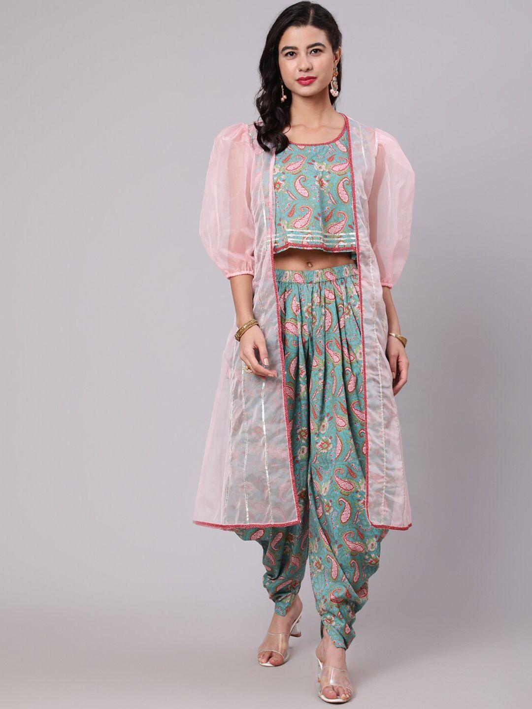 aks couture printed pure cotton top & dhoti pant with jacket co-ords set