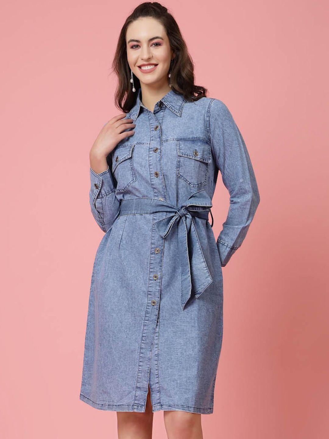 pluss blue shirt collar belted cotton shirt dress