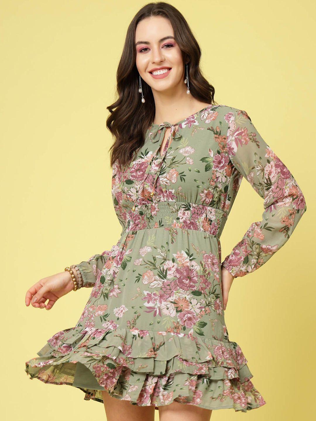 pluss olive green floral printed tie-up neck layered smocked detail fit & flare dress