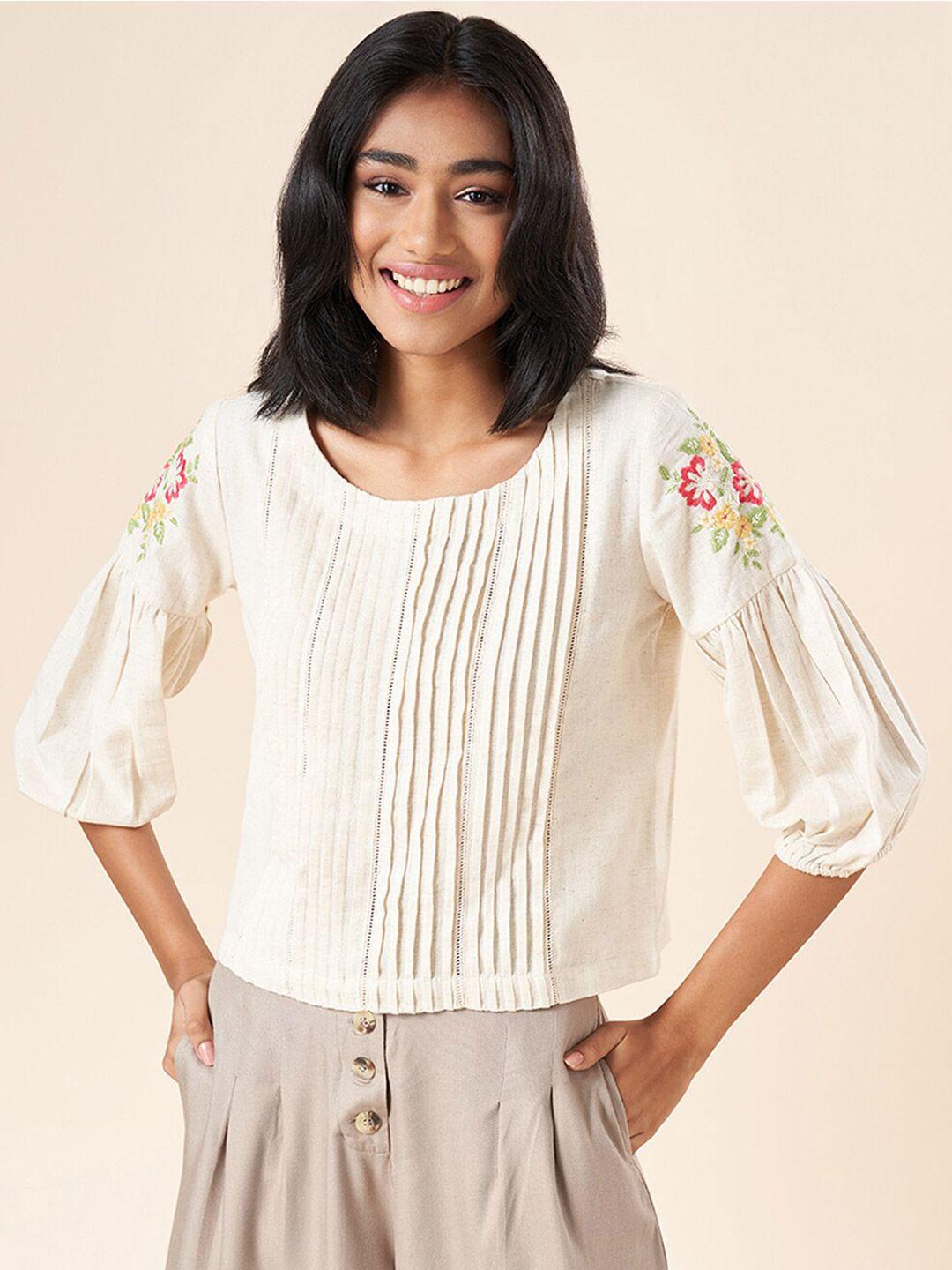 akkriti by pantaloons floral embroidered puff sleeves cotton short top