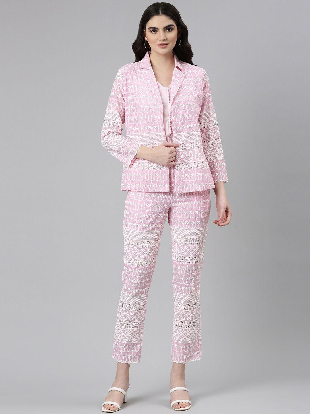 showoff v-neck top & embroidered trouser with blazer co-ords set