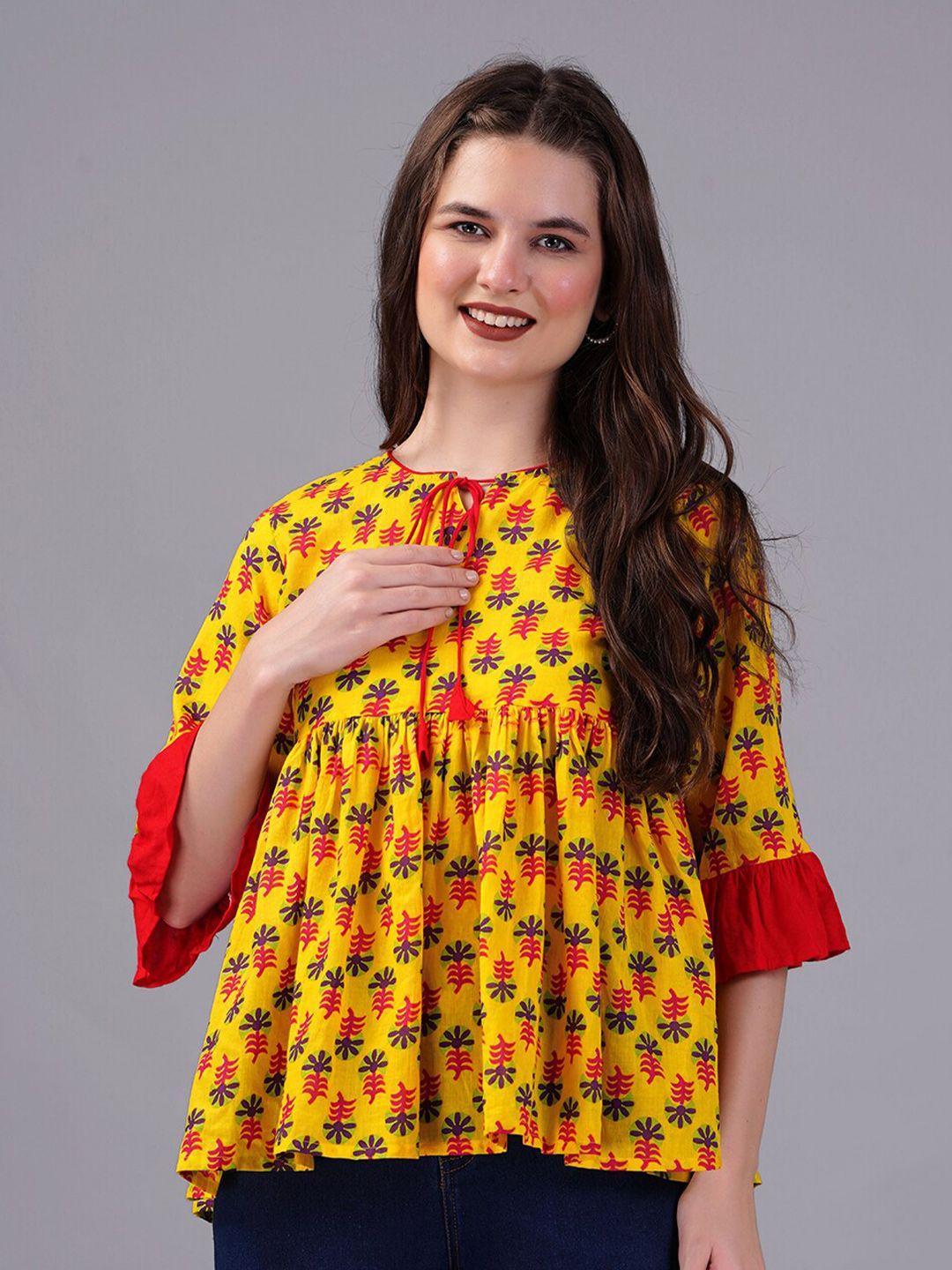 kpf yellow print bell sleeve cotton top