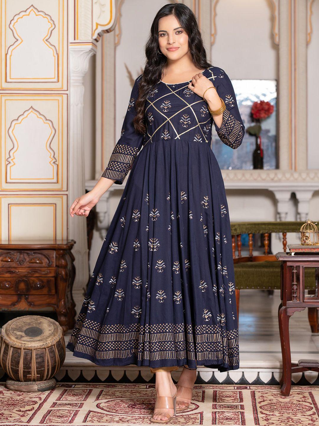 indi inside women blue ethnic motifs printed block print anarkali kurta