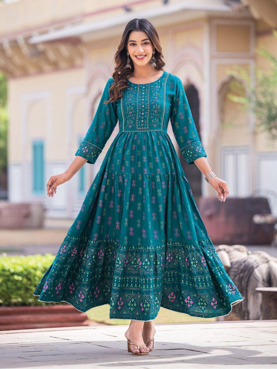 kiana ethnic motifs printed mirror work fit & flare ethnic dress