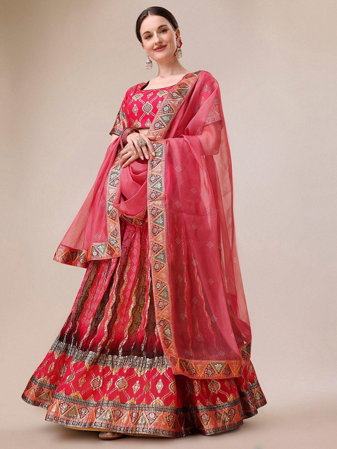 saptrangi pink & red embellished semi-stitched lehenga & unstitched blouse with dupatta