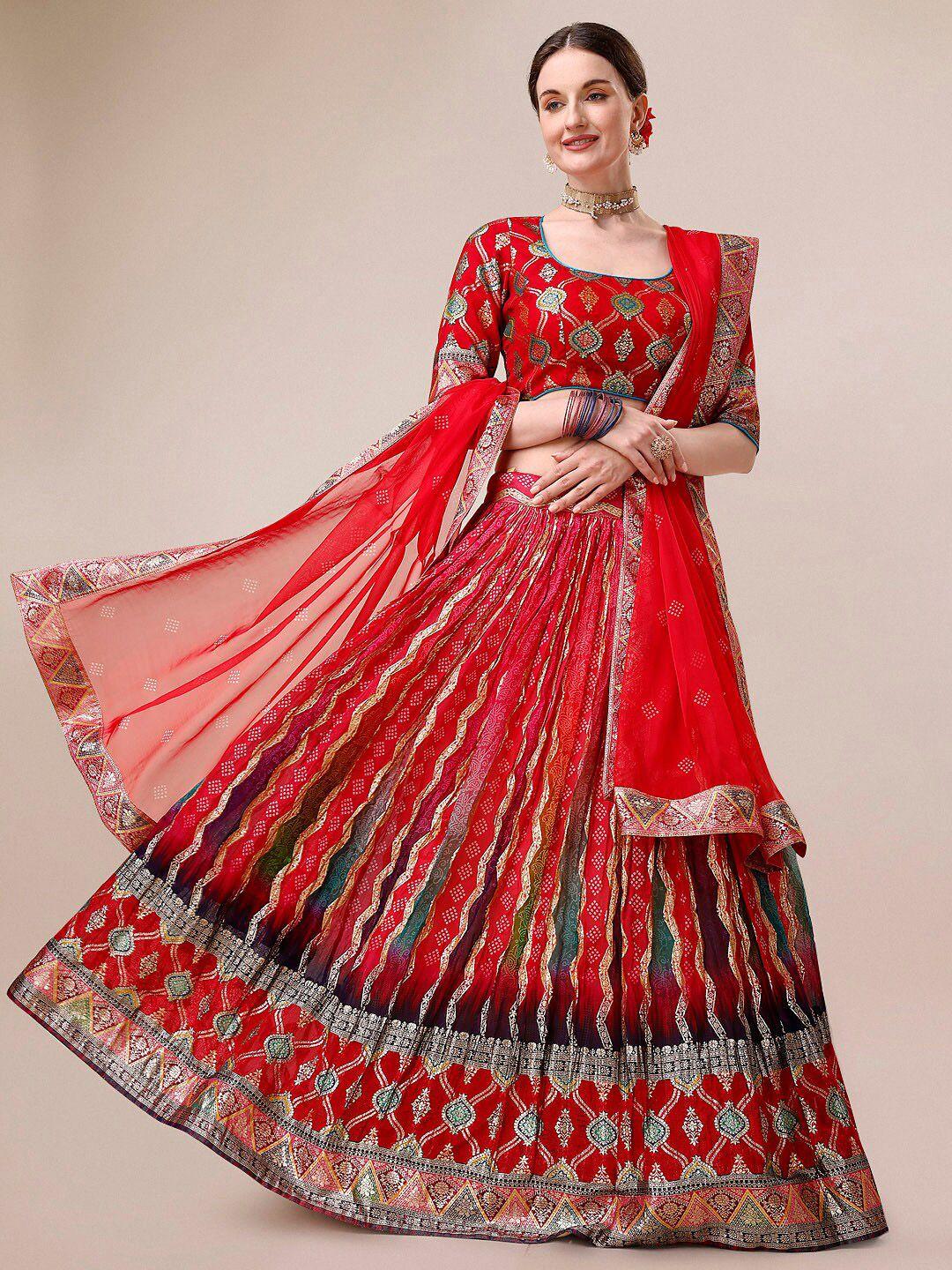 saptrangi red & blue embellished semi-stitched lehenga & unstitched blouse with dupatta