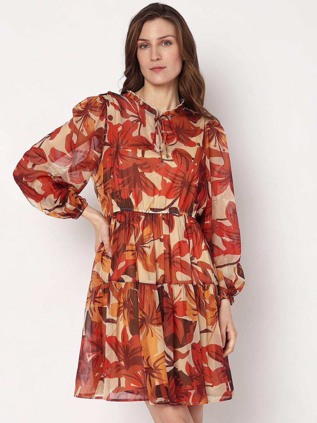 vero moda orange floral printed tie-up collar tiered a-line above knee dress