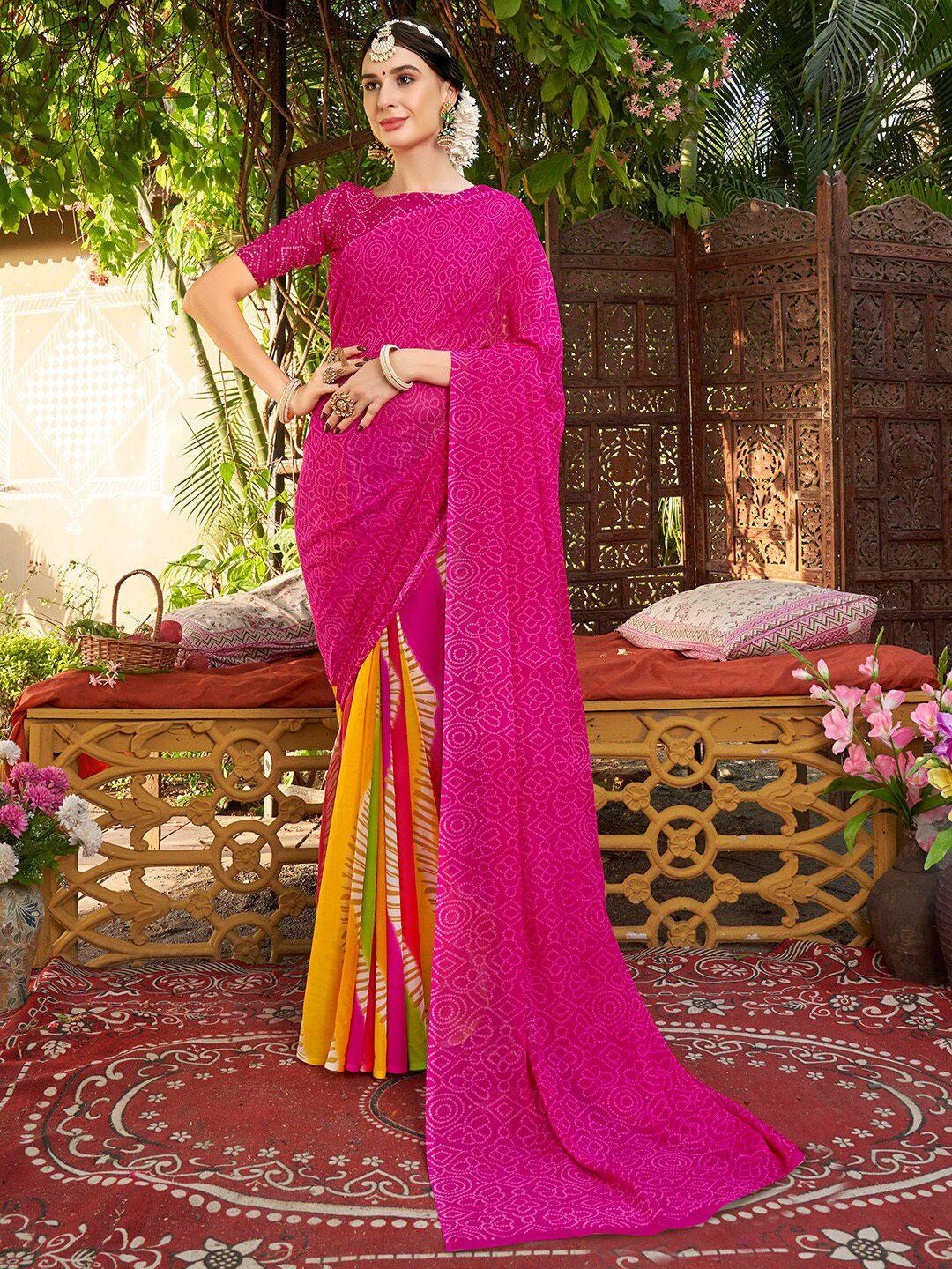 anouk pink & yellow bandhani printed saree