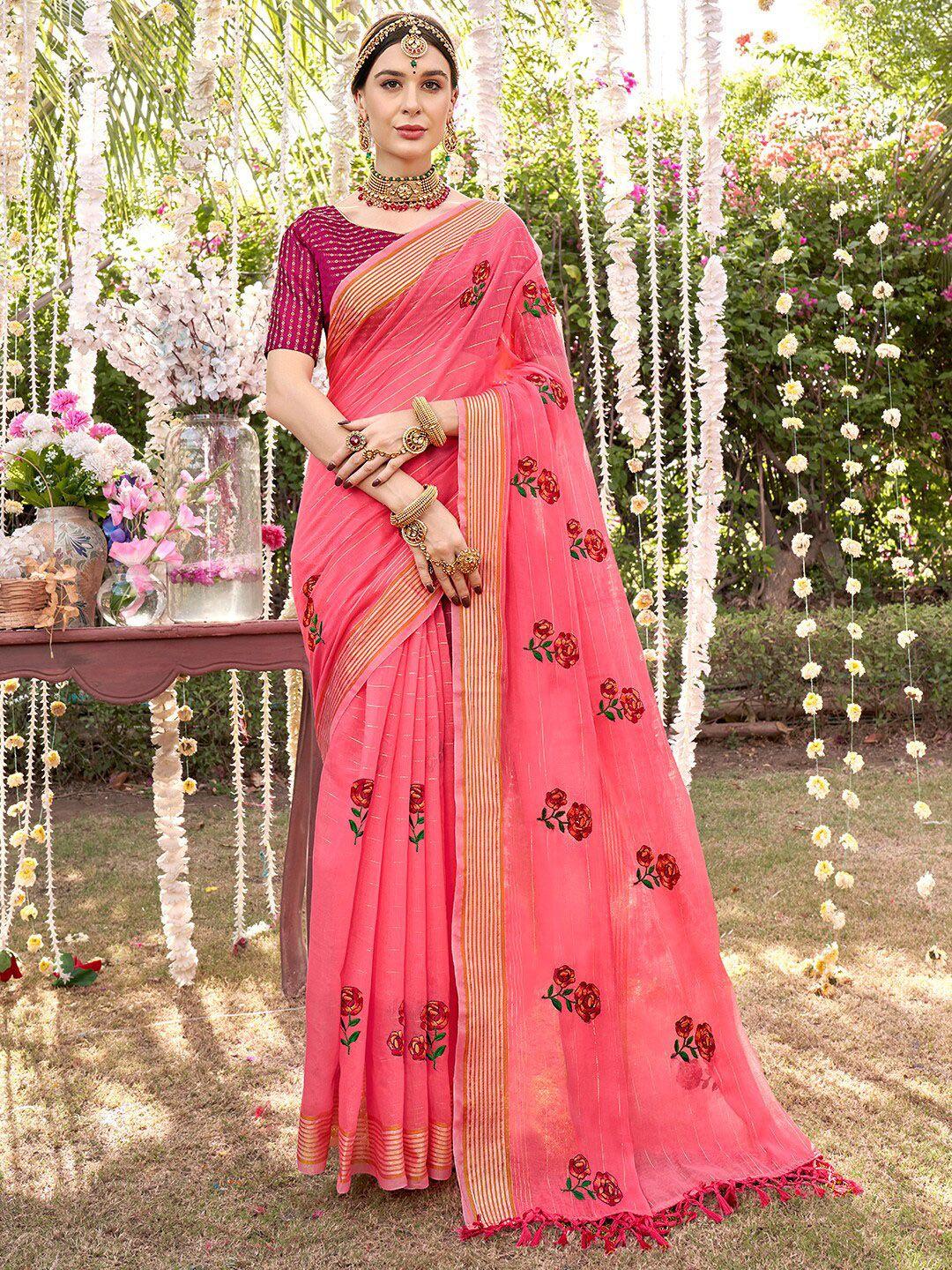 anouk pink & green floral embroidered chanderi saree