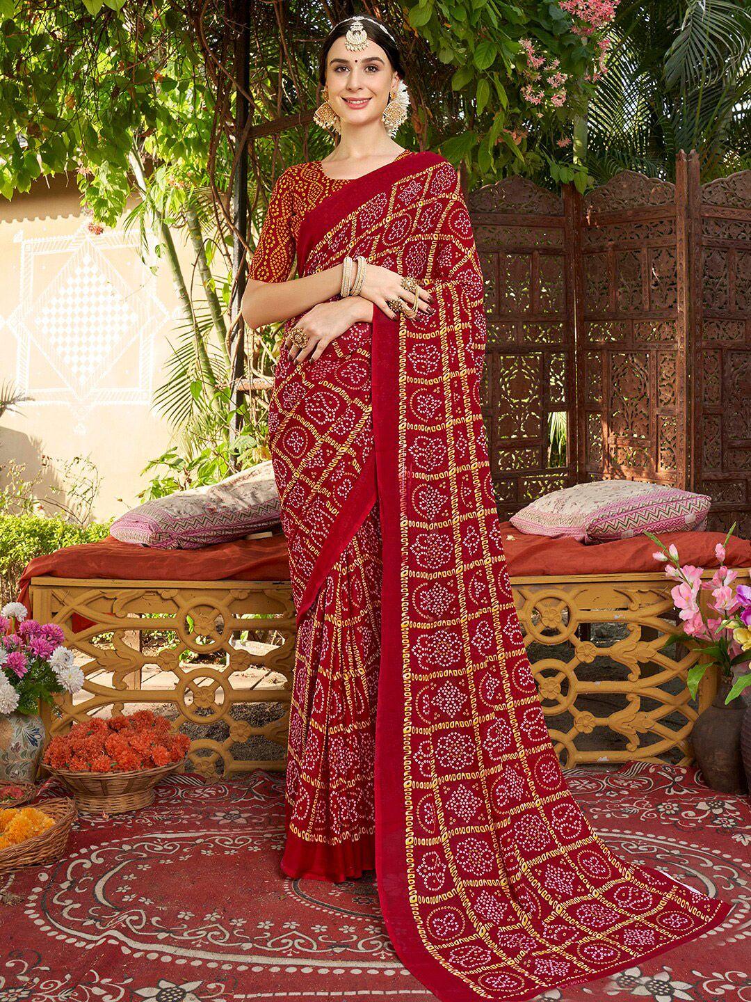 anouk red & yellow bandhani printed art silk saree