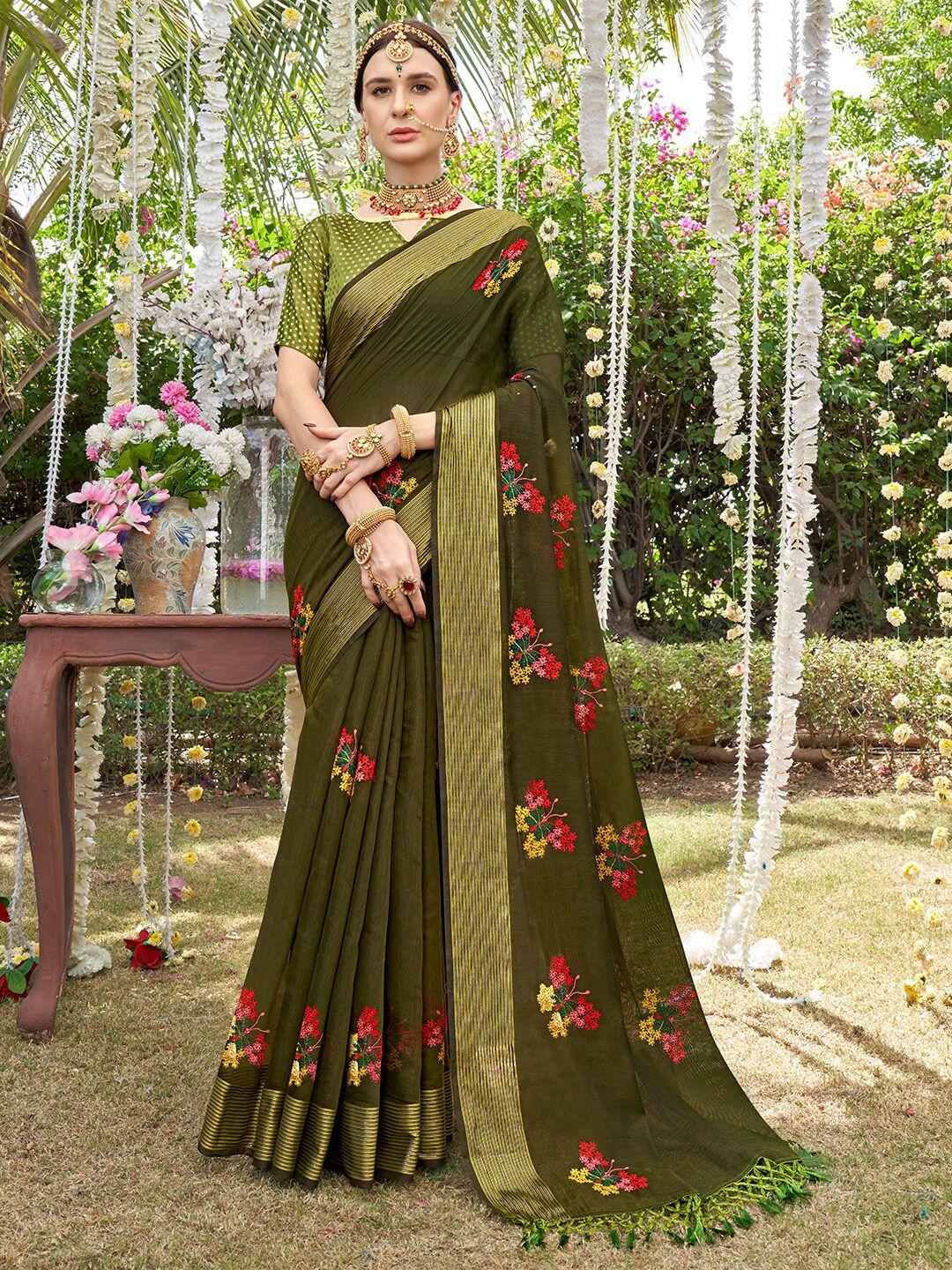 anouk green & red floral embroidered art silk chanderi saree