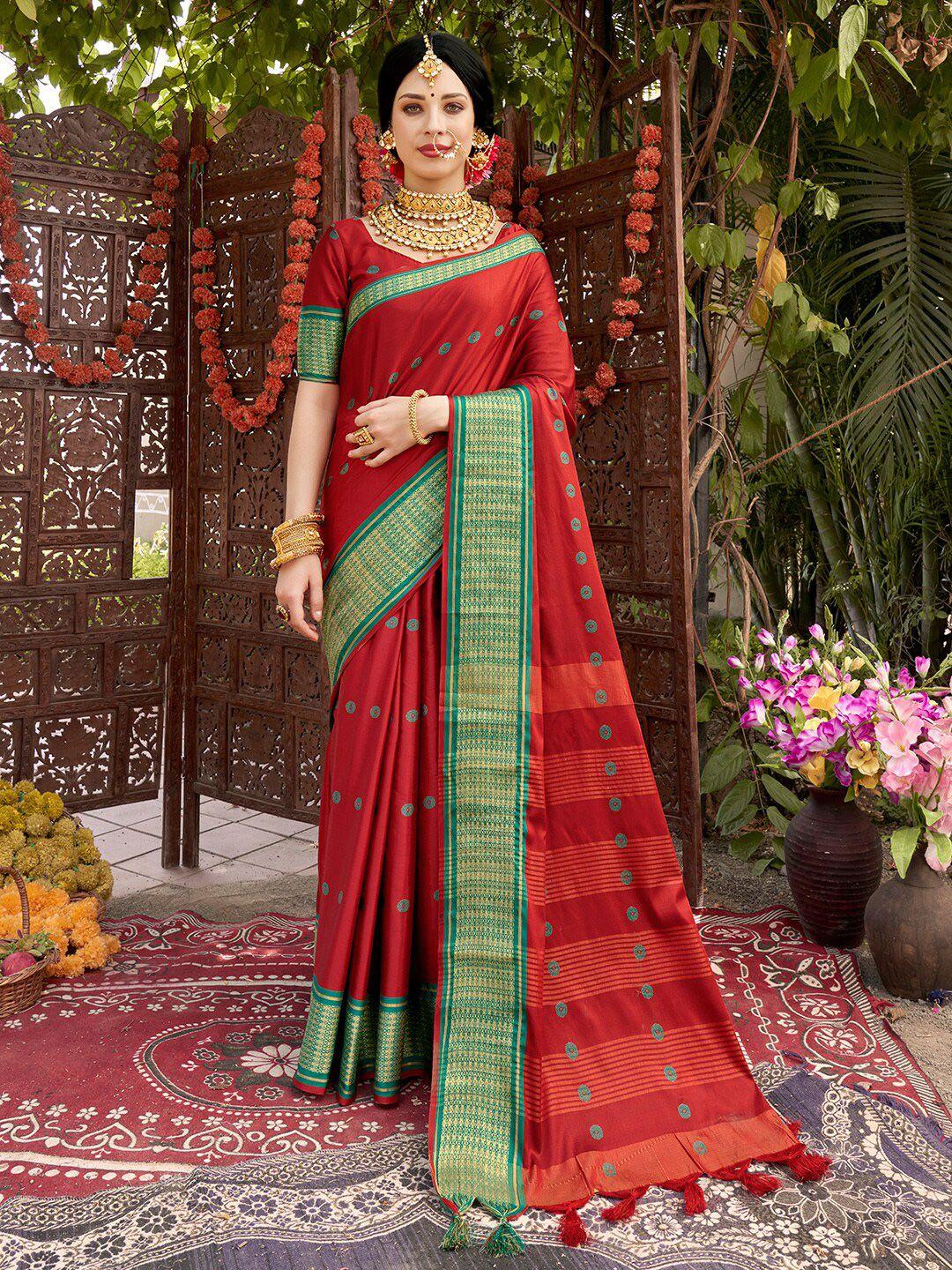 anouk red & green geometric printed zari art silk banarasi saree