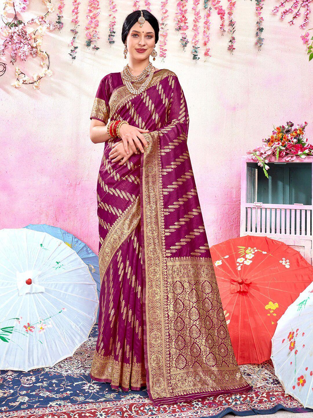 anouk magenta & gold-toned floral woven design zari art silk banarasi saree