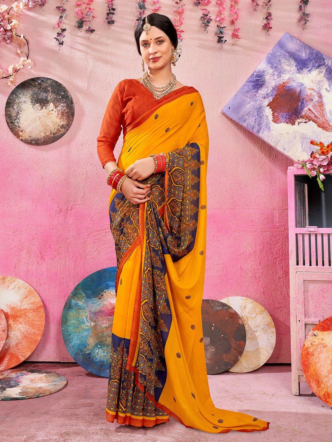 anouk yellow & red ethnic motifs printed saree