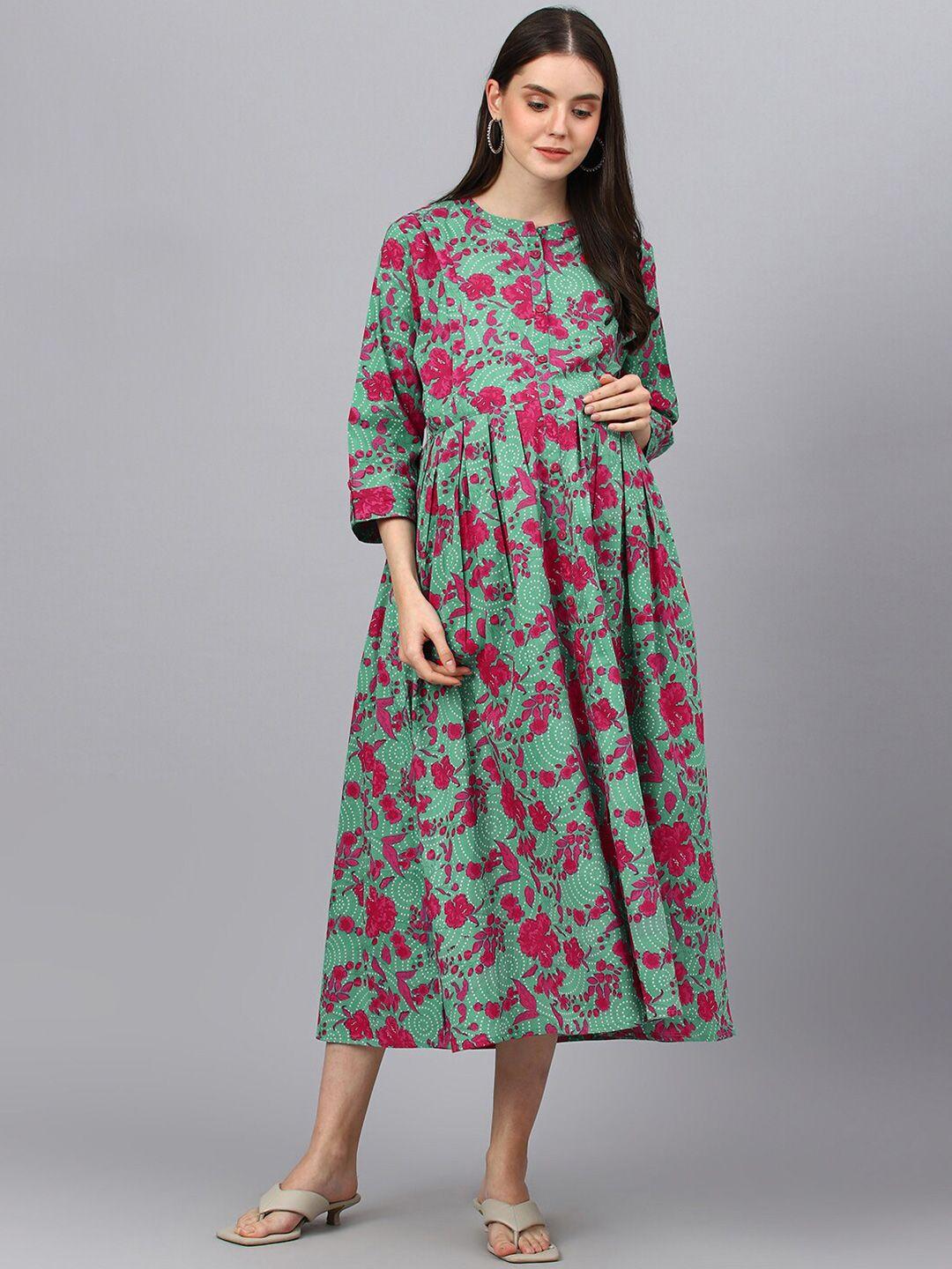 negen floral printed mandarin collar cotton maternity a-line midi dress