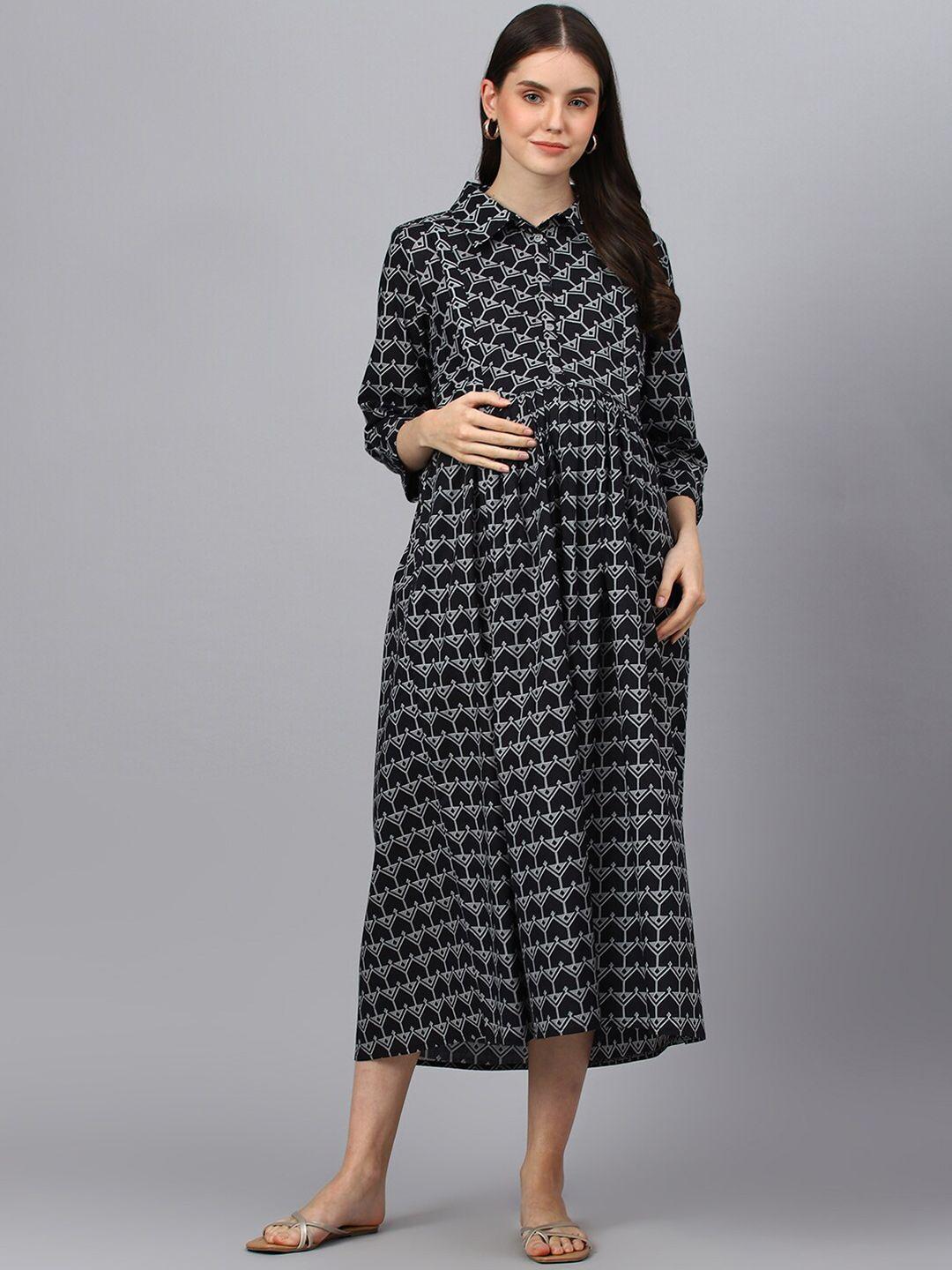 negen geometric printed cotton maternity shirt style midi dress