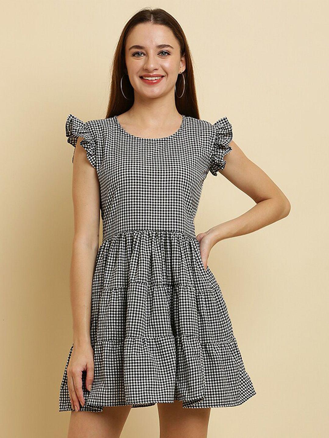 here&now white & black checked flutter sleeves pure cotton fit & flare dress