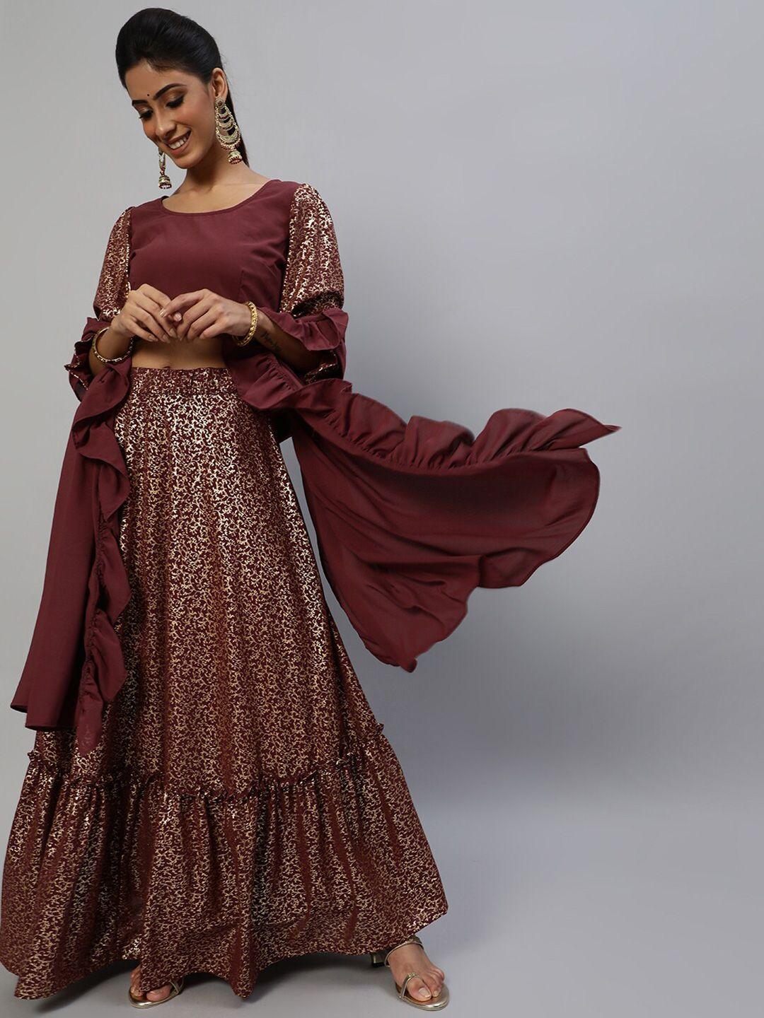 aks couture burgundy & gold-toned printed ready to wear lehenga & blouse with dupatta