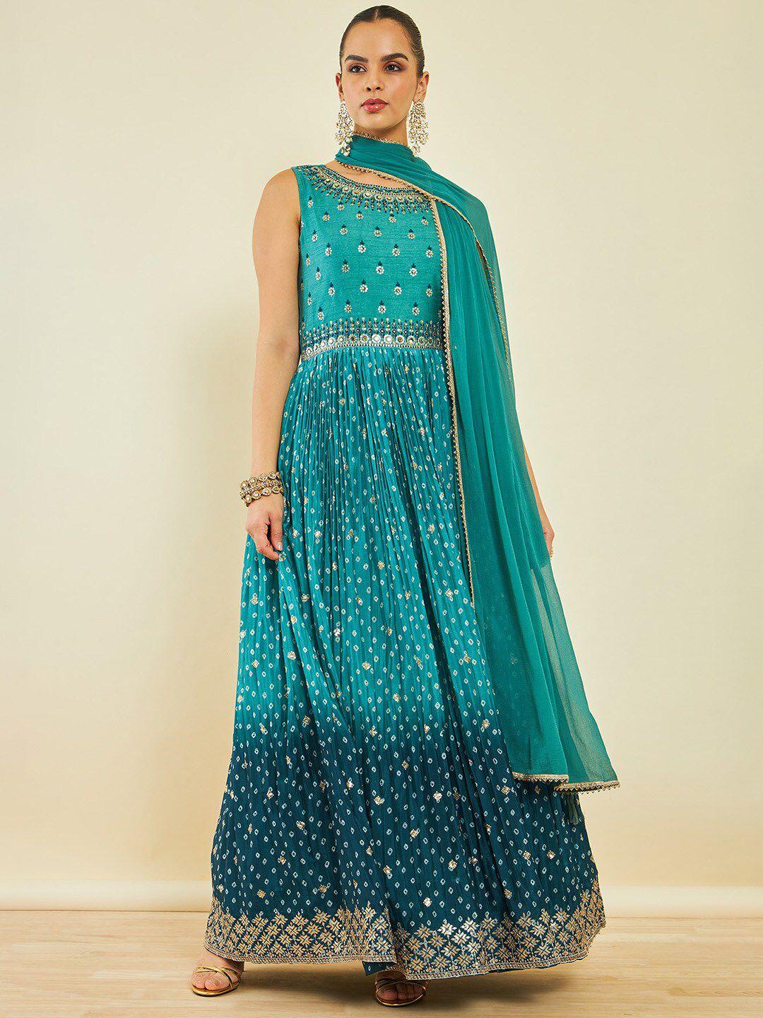 soch teal floral crepe maxi dress with dupatta with dupatta