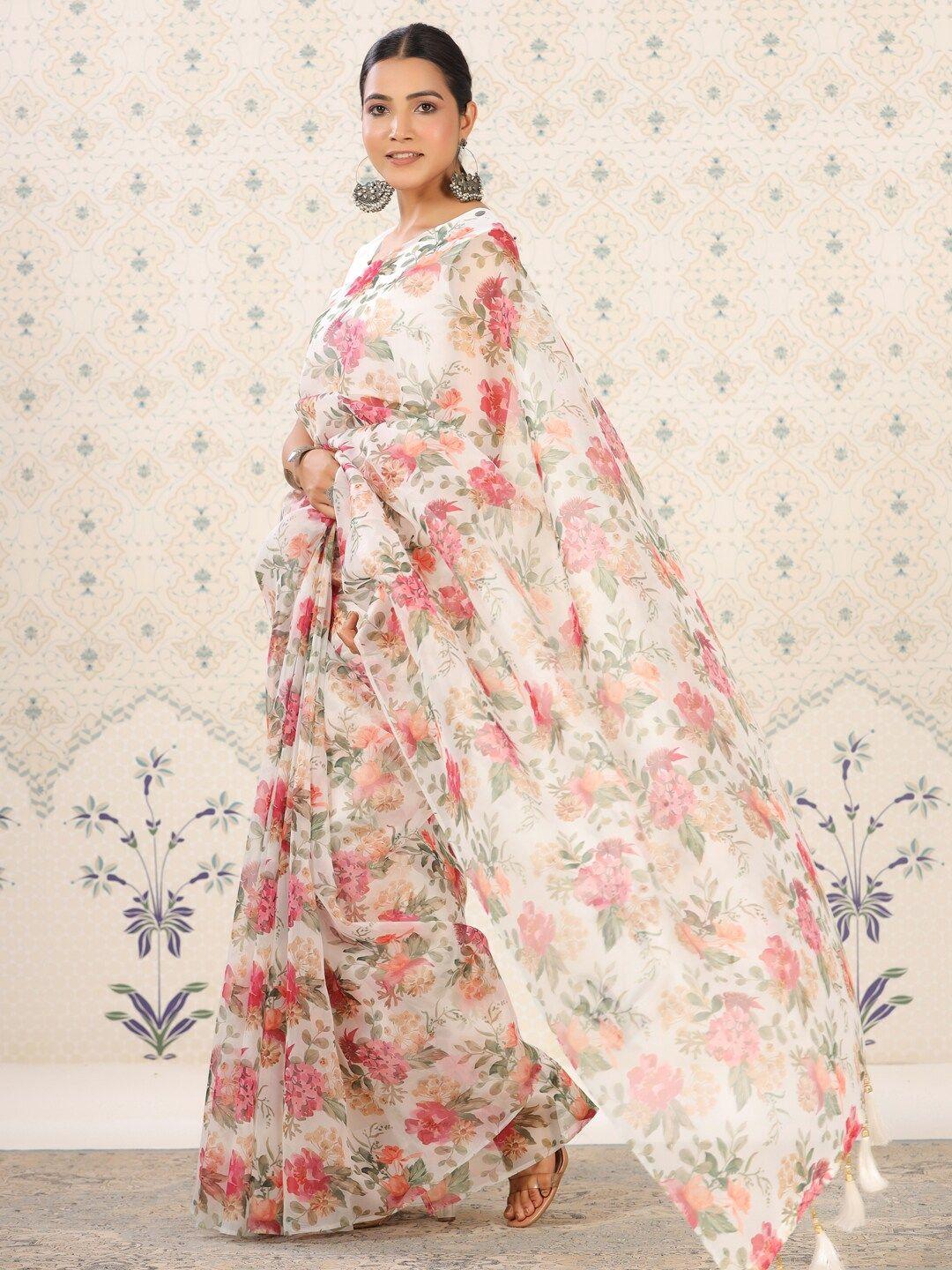 ode by house of pataudi white & pink floral  organza saree