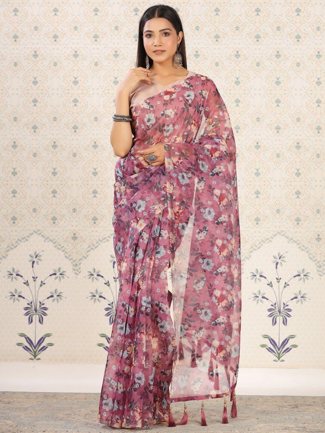 ode by house of pataudi mauve & white floral printed organza saree