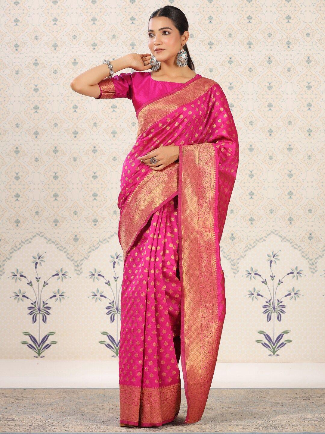 ode by house of pataudi pink & gold-toned ethnic motifs woven design zari banarasi saree