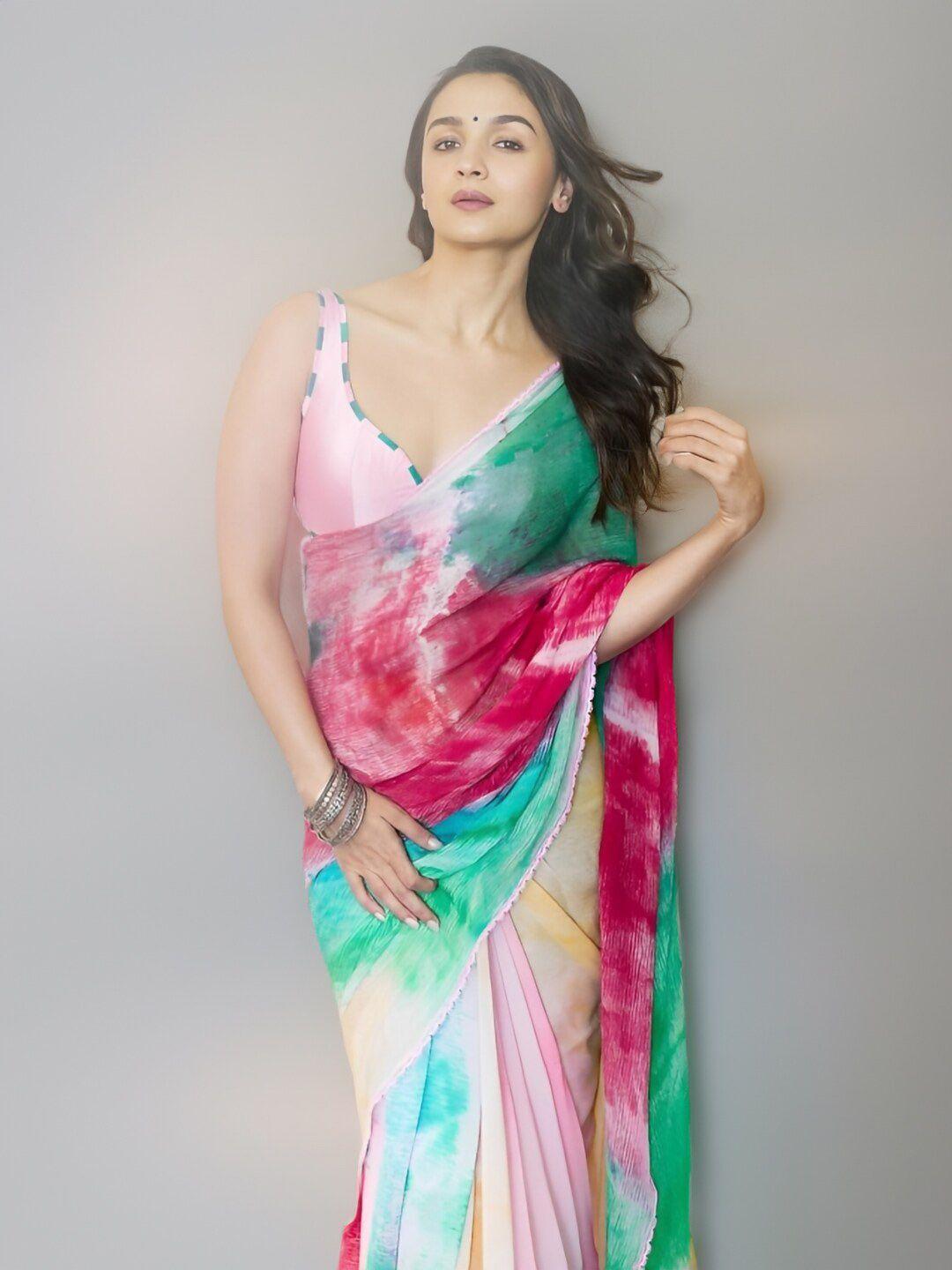 sareewave red & green tie and dye poly georgette saree