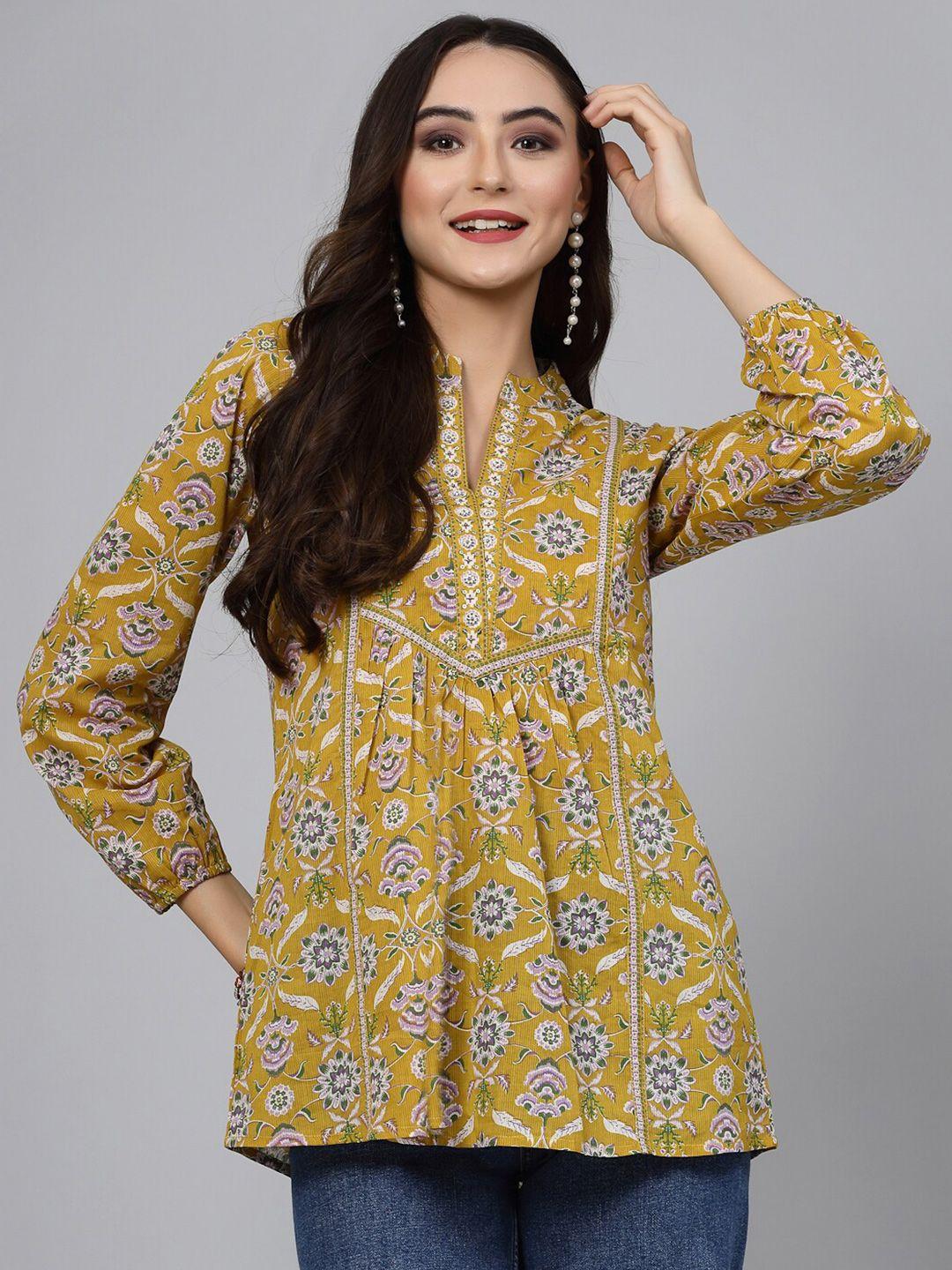 qomn yellow print mandarin collar cotton top