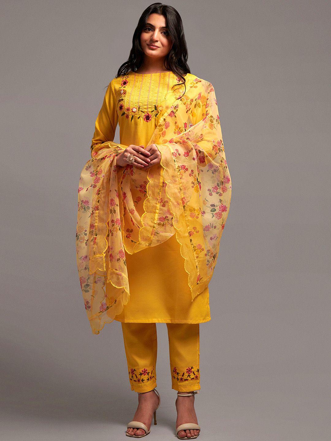 japnaam women yellow ethnic motifs embroidered regular thread work kurta with salwar & with dupatta