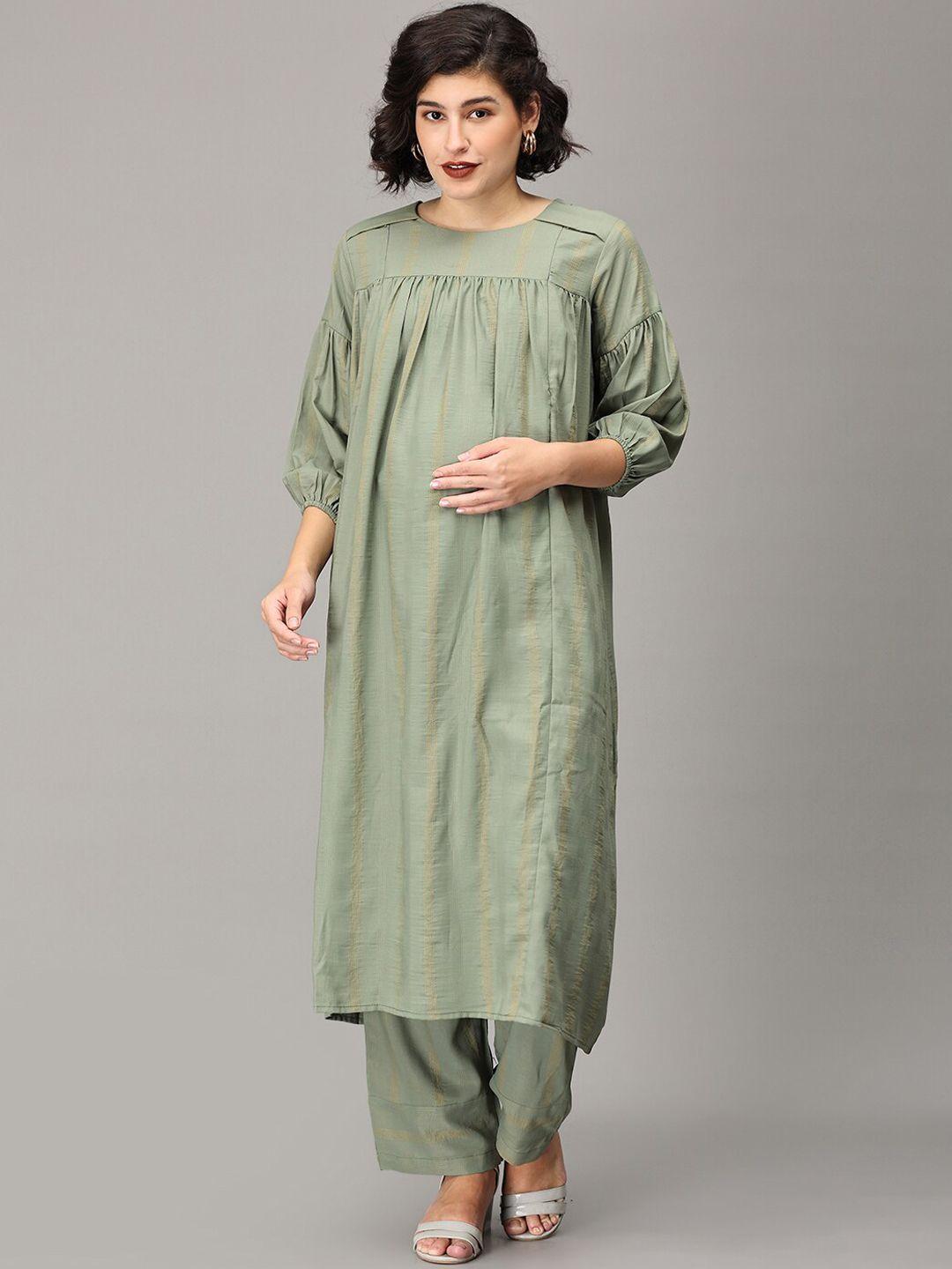 the mom store women olive green striped empire kurta with palazzos