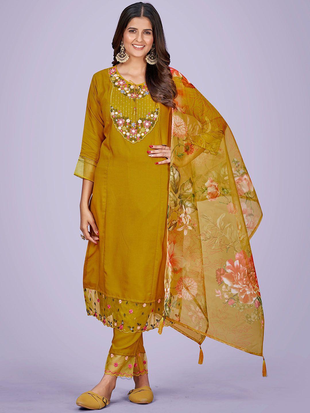 kalini floral embroidered thread work straight kurta & trousers with dupatta