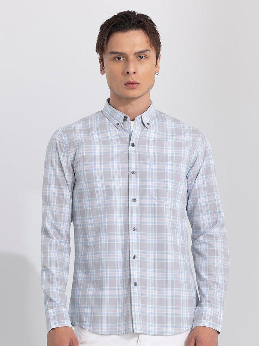 snitch men grey classic slim fit opaque checked casual shirt