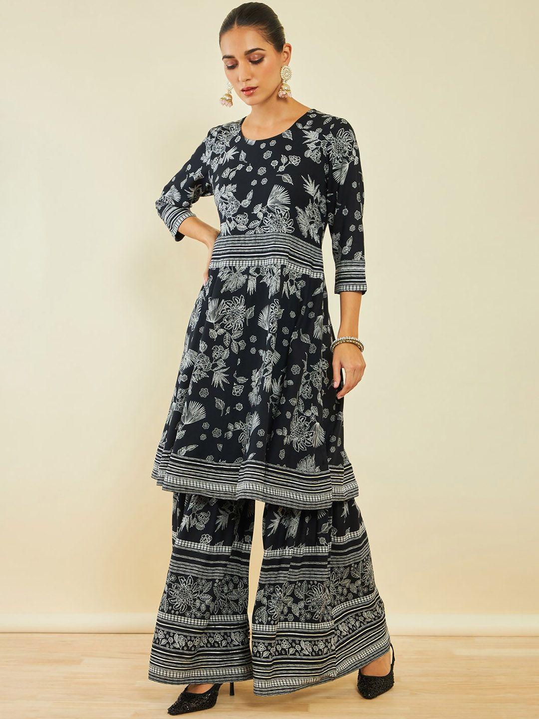 soch floral printed round neck anarkali kurta with sharara