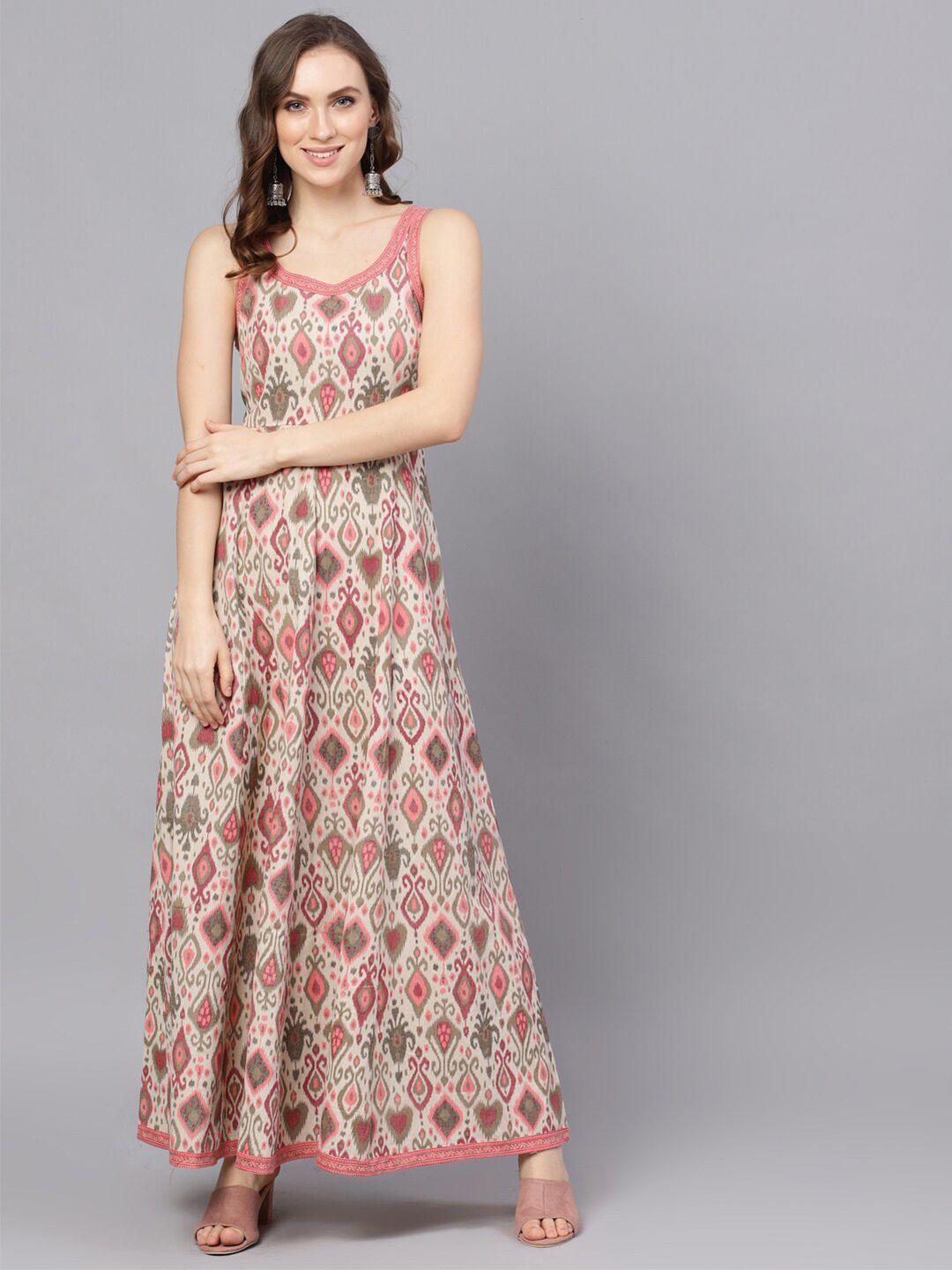 aks ethnic motifs printed sleeveless maxi ethnic dress