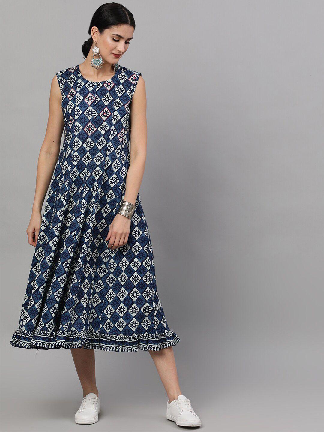 aks blue ethnic motifs print a-line midi dress