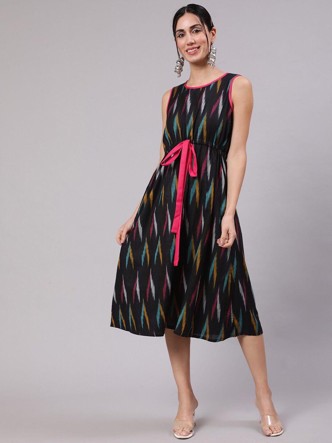 aks black print a-line midi dress