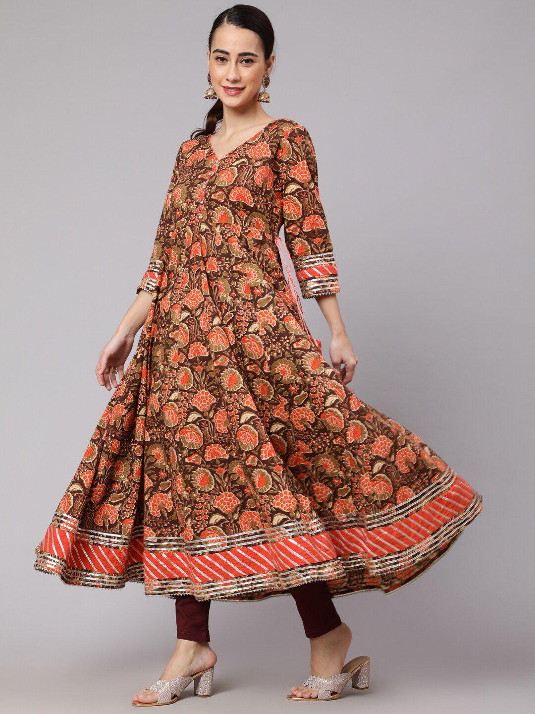 aks couture ethnic motifs printed cotton anarkali kurta with dupatta