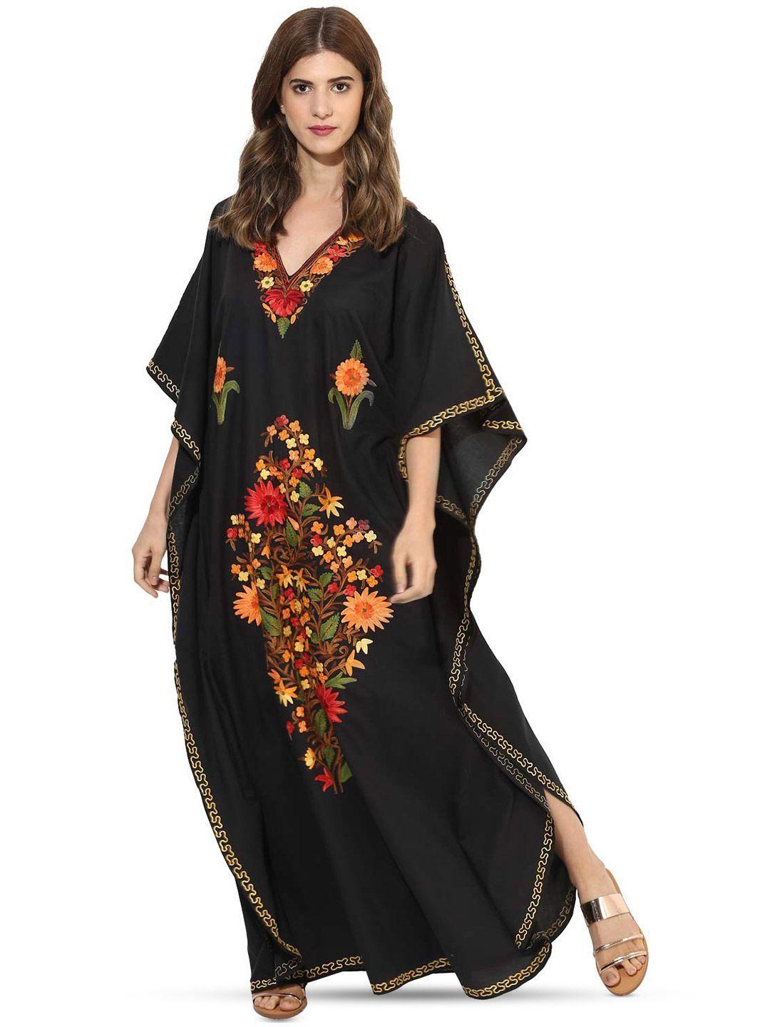 craftbazar black floral print kimono sleeve kaftan maxi dress