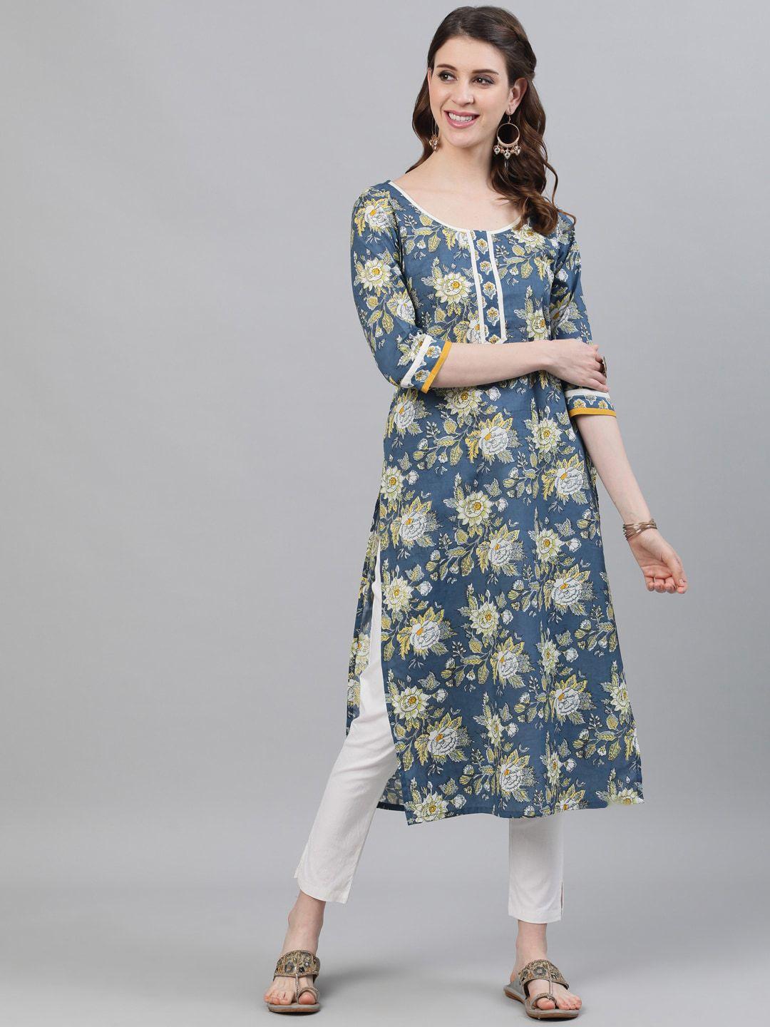 aks floral printed scoop neck cotton straight kurta