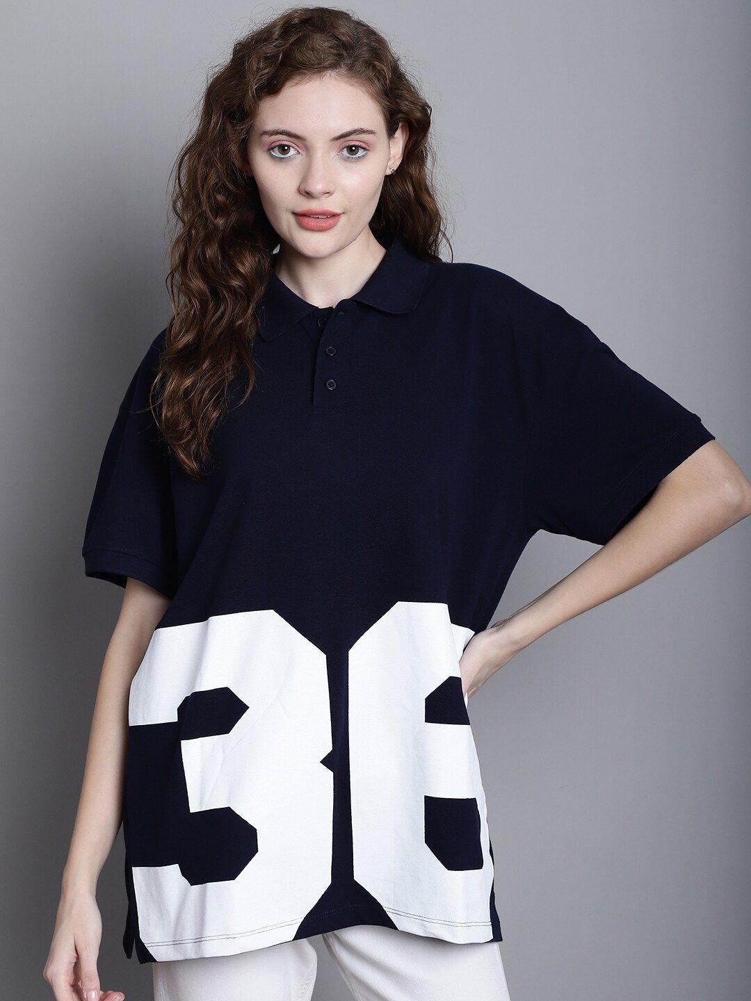 door74 women navy blue polo collar pockets t-shirt