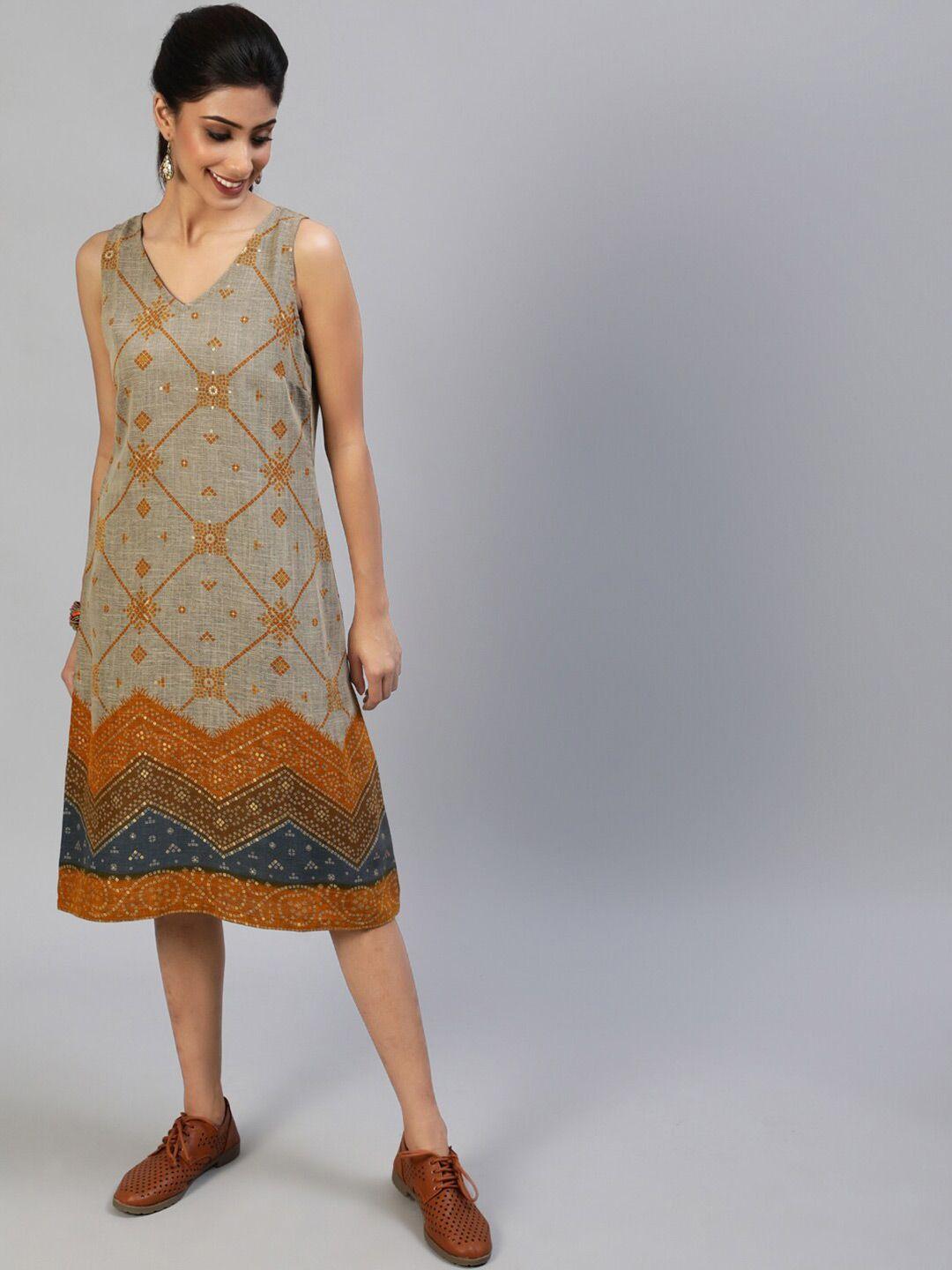 aks couture beige ethnic motifs print a-line midi dress