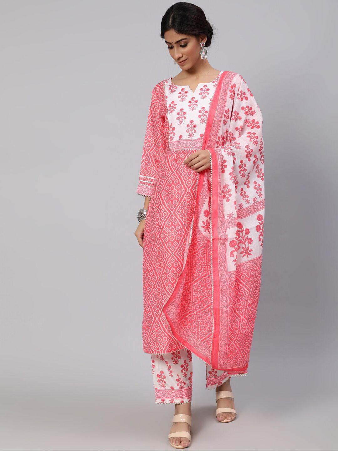 aks couture women pink floral printed regular kurta with trousers & with dupatta