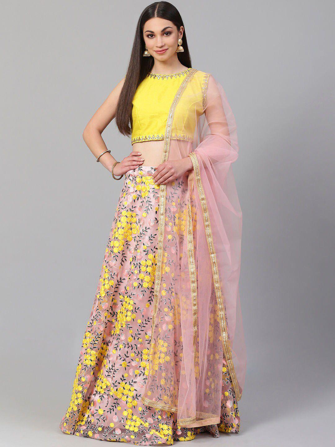 zeel clothing pink & yellow embroidered thread work semi-stitched lehenga & unstitched blouse with dupatta