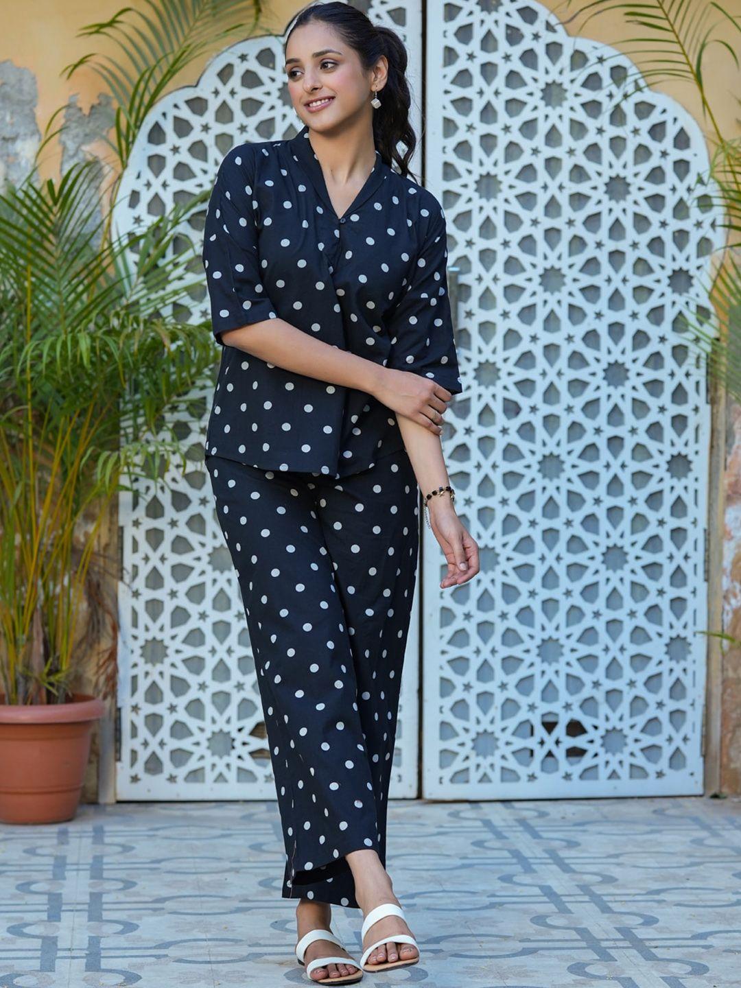 sanskrutihomes navy blue printed pure cotton notched lapel collar top with trousers