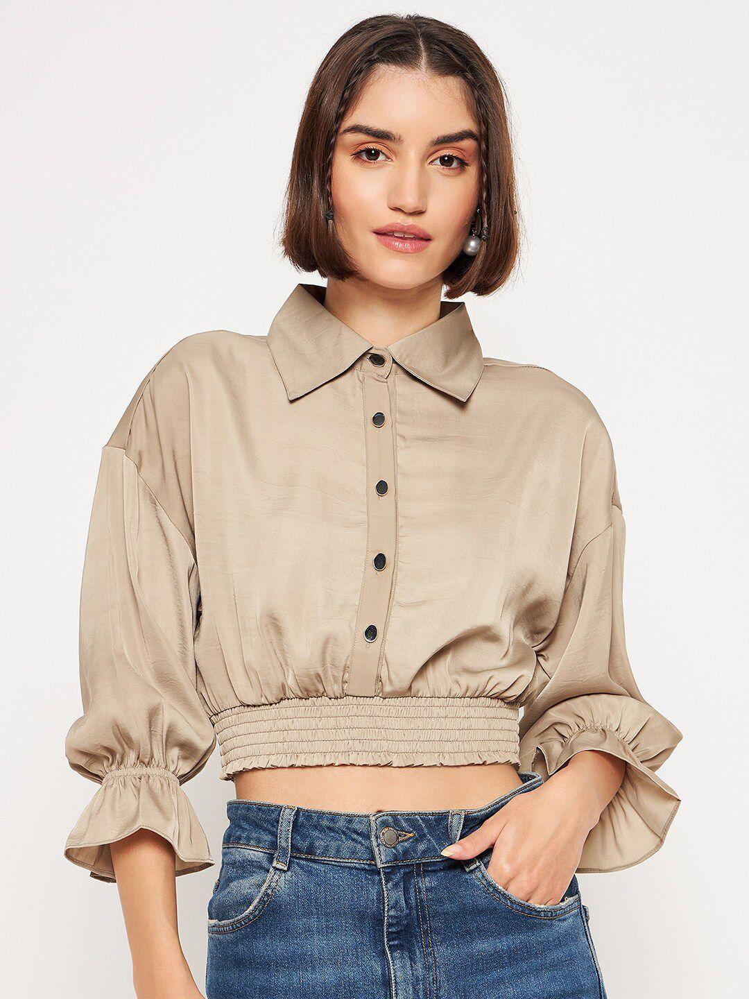 madame puff sleeves smocked shirt style crop top